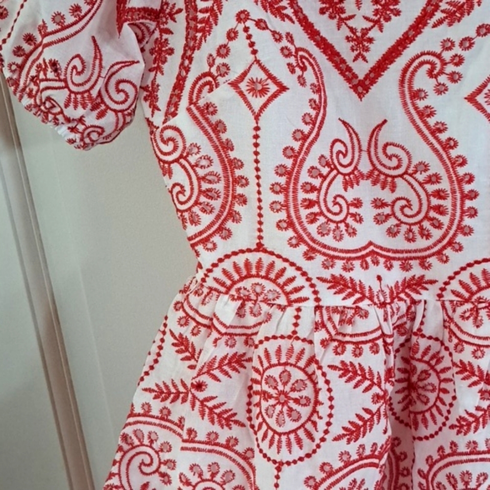 NWT Embroidered So Me 100% Cotton  Red/wht Eyelet Babydoll Dress Empire Waist - Picture 3 of 12